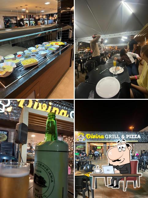 Sente em uma das mesas no Divina Grill & Pizza