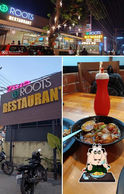The picture of food and exterior at ROOTS