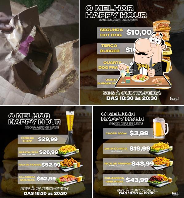 Entre diferentes coisas, comida e bebida podem ser encontrados no Luau Lanches