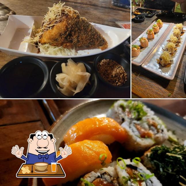 Dê uma olhada a imagem ilustrando comida e interior no Masutã Sushi Natal